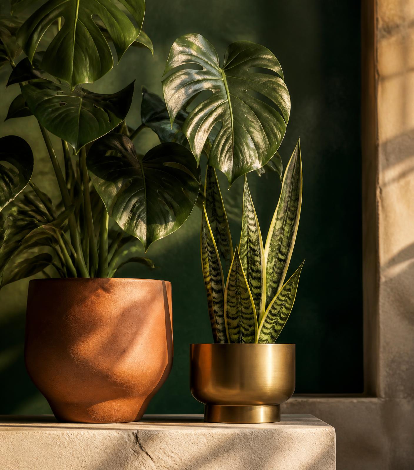 Monstera and snake plant in terracotta and brass planters